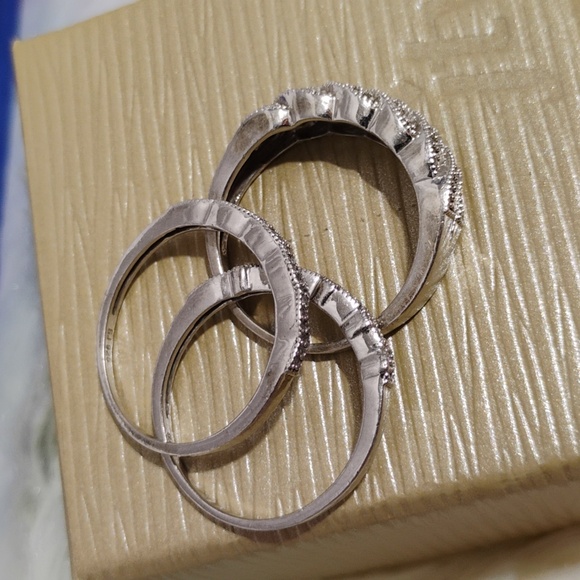 SALE! Stunning 3 Ring Trio Solid 925 Sterling Silver Genuine Diamonds Set - Picture 11 of 15